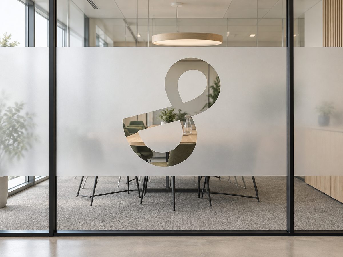 Glassvegg inn til møterom med et bredt bånd av frostet folie og logoen skåret ut