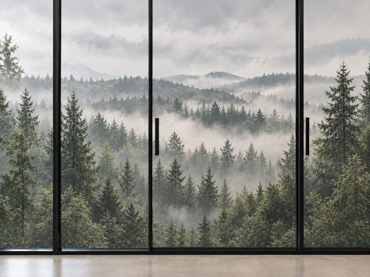 Skyvedører i glass med granskog i tåke printet på transparent folie