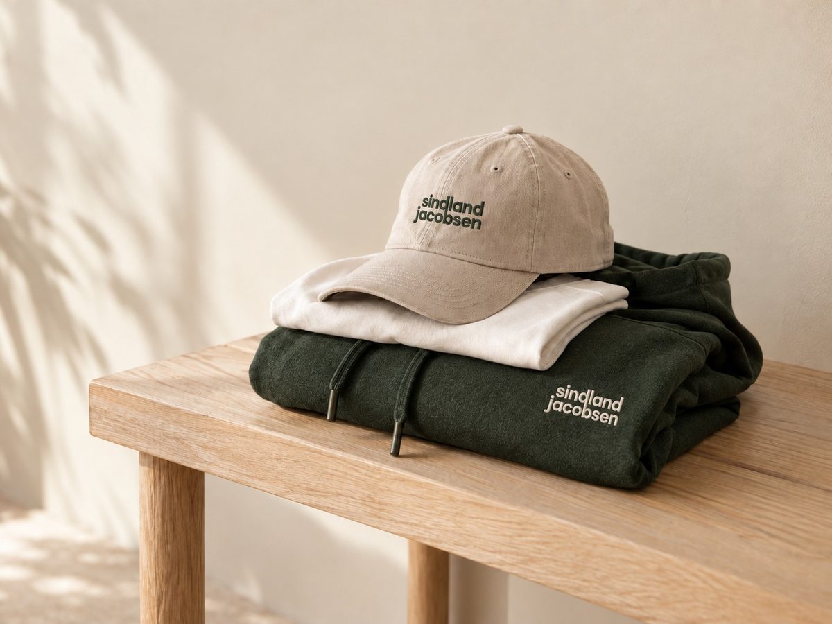 Hettegenser, t-skjorte og caps med logo stablet på en benk